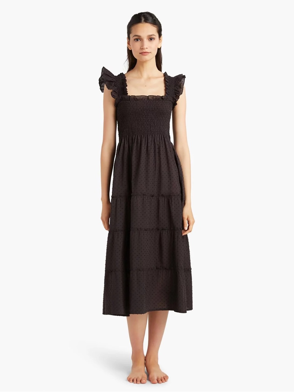 Hill House Home “The Ellie Nap Dress” in Black Sheer Swiss Dot